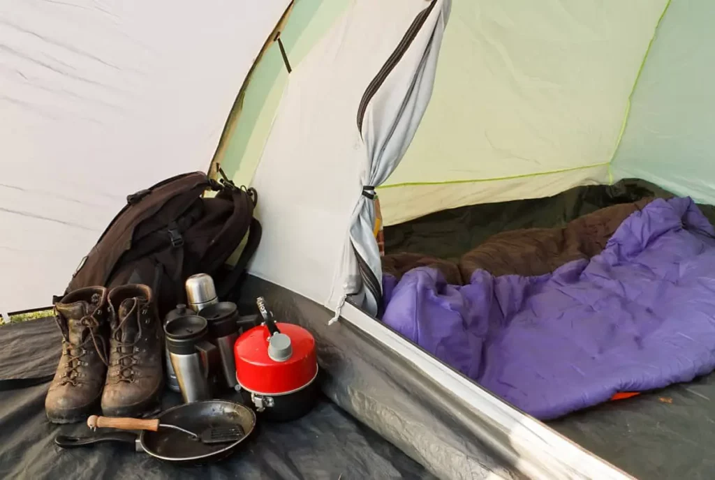 camping gear outside tent